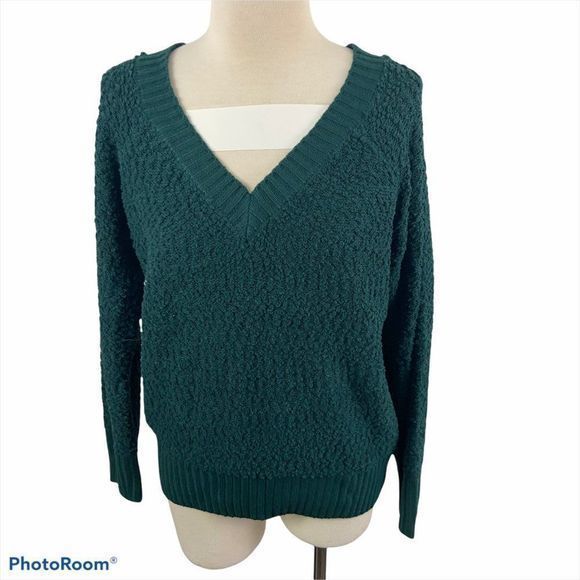 NWT LOVE BY DESIGN Green Dark Sea V Neck Teddy Swe - Picture 7 of 7